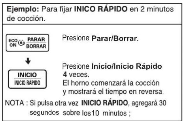 Ejemplo: Para fijar INICO RÁPIDO en 2 minutos de cocción. ECO ON PARAR BORRAR ↓ INICIO INICIO RÁPIDO Presione Parar/Borrar. Presione Inicio/Inicio Rápido 4 veces. El horno comenzará la cocción y mostrará el tiempo en reversa. NOTA : Si pulsa otra vez INICIO RÁPIDO, agregará 30 segundos sobre los10 minutos ;