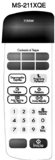 MS-211XQE 1150W Cocinado a Toque Descongelar Depinas Programp Personal Tiempo Potencia Auto Desimp For Treso Inicio Rápido 1 2 3 Multiminer Calente 4 5 6 0 7 8 9 Relaj Inicio