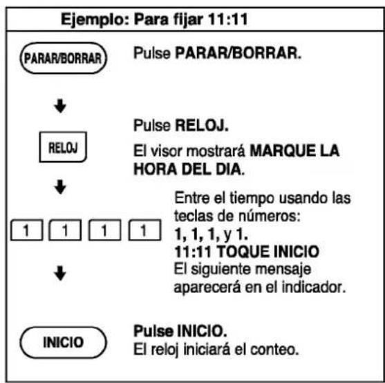 Ejemplo: Para fijar 11:11 PARAR/BORRAR Pulse PARAR/BORRAR. ↓ RELOJ Pulse RELOJ. El visor mostrará MARQUE LA HORA DEL DIA. ↓ Entre el tiempo usando las teclas de números: 1, 1, 1, y 1. 11:11 TOQUE INICIO El siguiente mensaje aparecerá en el indicador. ↓ INICIO Pulse INICIO. El reloj iniciará el conteo.