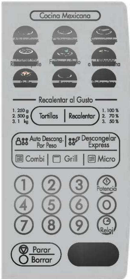 Cocina Mexicana Tortillas | Recalentar 1. 250 g 2. 500 g 3. 1 kg Auto Descong. Por Peso Descongelar Express Combi | Grill | Micro ① ② ③ ④ ⑤ ⑥ ⑦ ⑧ ⑨ ③ Potencia ④ Reloj Parar Borrar