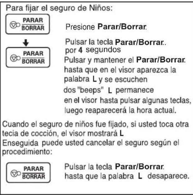 Para fijar el seguro de Niños: PARAR BORRAR Presione Parar/Borrar. ↓ PARAR BORRAR Pulsar la tecla Parar/Borrar. por 4 segundos Pulsar y mantener el Parar/Borrar. hasta que en el visor aparezca la palabra L y se escuchen dos "beeps" L permanece en el visor hasta pulsar algunas teclas, luego reaparecerá la hora actual. Cuando el seguro de niños fue fijado, si usted toca otra tecia de cocción, el visor mostrará L Enseguida puede usted cancelar el seguro según el procedimiento: PARAR BORRAR Pulsar la tecla Parar/Borrar. hasta que la palabra L desaparece.