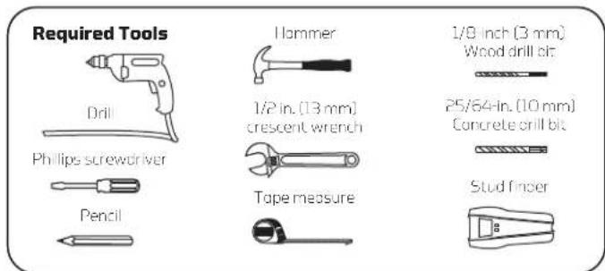 Required Tools Drill Phillips screwdriver Pencil Hammer 1/2 in. (13 mm) crescent wrench Tape measure 1/8 inch (3 mm) Wood drill bit 25/64-in. (10 mm) Concrete drill bit Stud finger
