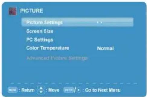 PICTURE Picture Settings Screen Size PC Settings Color Temperature Normal Advanced Picture Settings MENU : Return : Move EATER / Go to Next Menu