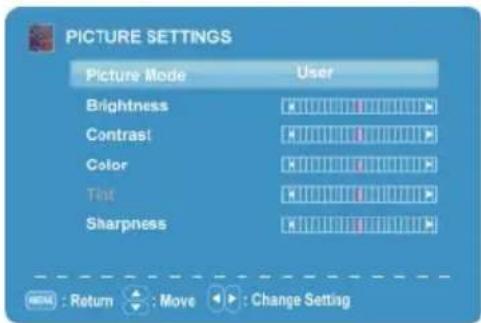 PICTURE SETTINGS Picture Mode User Brightness Contrast Color Tint Sharpness