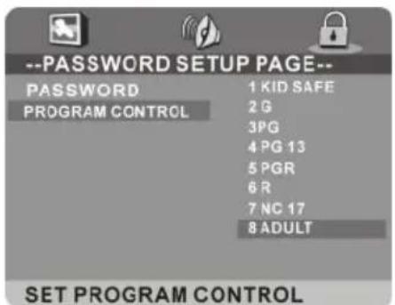 --PASSWORD SETUP PAGE-- PASSWORD 1 KID SAFE PROGRAM CONTROL 2 G 3PG 4 PG 13 5 PGR 6 R 7 NC 17 8 ADULT SET PROGRAM CONTROL