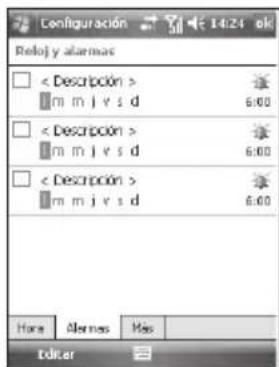 Configuración Reloj y alarmas < Descripción > m m j v s d 6:00 < Descripción > m m j v s d 6:00 < Descripción > m m j v s d 6:00 Hora Alemas Més Editor