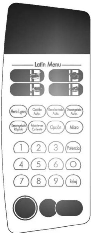 Latin Menu Menu Ligero Cocido Auto. Recalimentado Auto. Discongelado Auto. Descongelado Rápido Mantener Caliente Opción Micro 1 2 3 Potencia 4 5 6 O 7 8 9 Reloj
