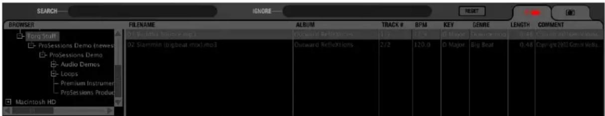 SEARCH BROWSER Torg Stuff ProSessions Demo (newes) ProSessions Demo Audio Demos Loops Premium Instrument ProSessions Produc Macintosh HD FILENAME 01 Buildthe Bookie.mp3 02 Siammin (bigbeat mix).mp3 ALBUM Outward Reflections Outward Reflections TRACK # 1/2 17.9 D Major Downdemoo 2/2 120.0 D Major Big Boat GENRE LENGTH 0:48 Copyright 2001 Genus Volta. COMMENT