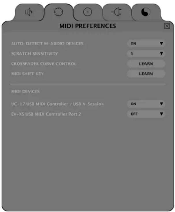 MIDI PREFERENCES AUTO-DETECT M-AUDIO DEVICES ON SCRATCH SENSITIVITY 5 CROSSFADER CURVE CONTROL LEARN MIDI SHIFT KEY LEARN MIDI DEVICES UC-17 USB MIDI Controller / USB X-Session ON EV-XS USB MIDI Controller Port 2 OFF