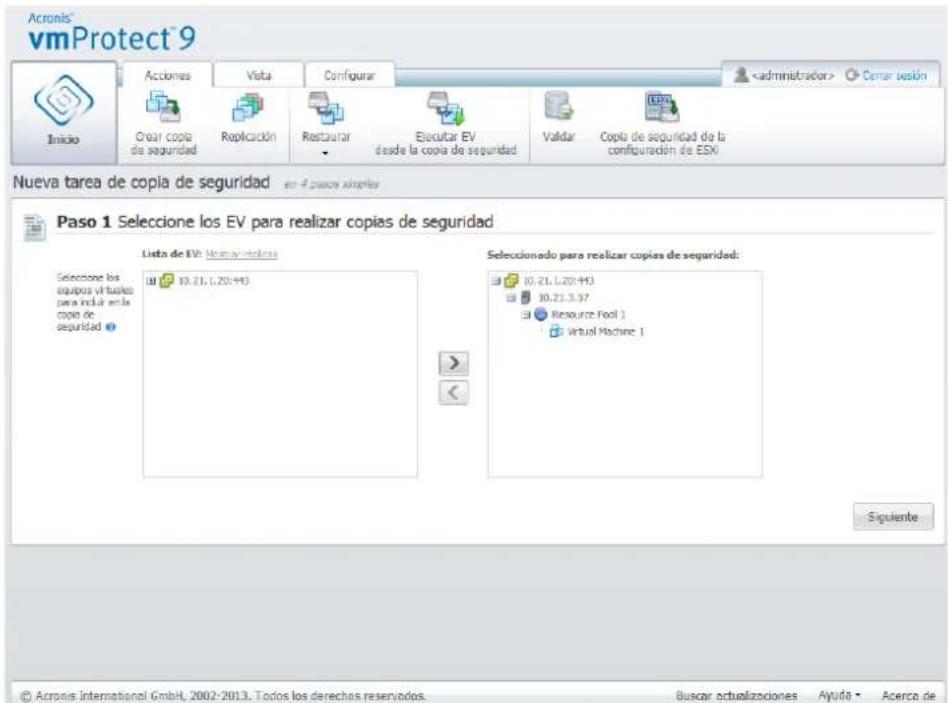 Acronis® vmProtect®9 Inicio Acciones Vista Configurar Cenar sesión Crear copia da seguridad Replicación Restaurar Ejecutar EV dasada la copia de seguridad Validar Copia de seguridad da la configuración de ESXi Nueva tarea de copia de seguridad en 4 piacos simples Paso 1 Seleccione los EV para realizar copias de seguridad Lista de EV: Memory-reduzas Seleccione los equipos virtualo para inclui en la copia de seguridad 10.21.1.20/443 Seleccionado para realizar copias de seguridad: 10.21.1.20/443 10.21.3.57 Resource Pool 1 Virtual Machine 1 Siguiente © Acronis International GmbH, 2002-2013, Todos los derechos reservados. Buscar actualizaciones Ayuda - Acerca de