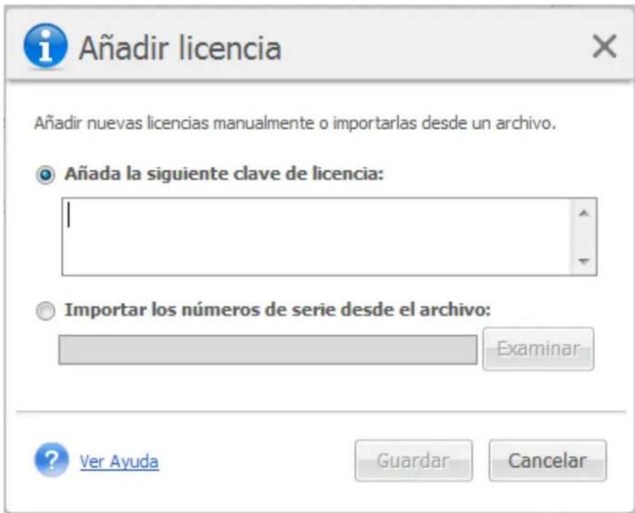 Añadir licencia Añadir nuevas licencias manualmente o importarlas desde un archivo. Añada la siguiente clave de licencia: Importar los números de serie desde el archivo: Examinar Ver Ayuda Guardar Cancelar