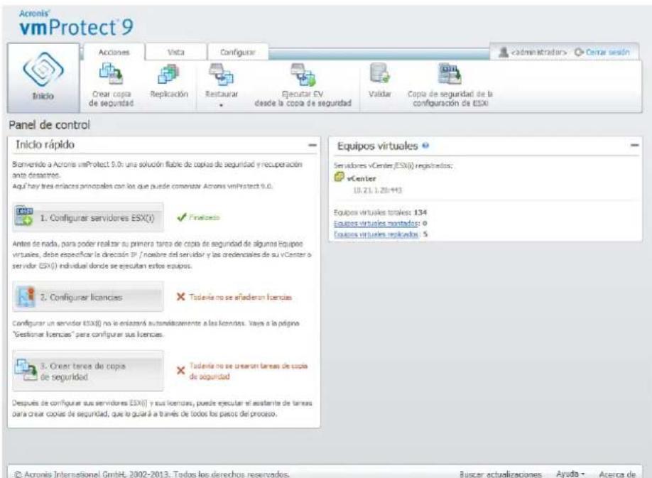 Acronis VMProtect 9 Inicio Acciones Vista Configurar Cenar sesión Crear copia de seguridad Replicación Restaurar Ejecutar EV desde la copia de seguridad Validar Copia de seguridad de la configuración de ESXi Panel de control Inicio rápido Salveniride a Acronis VMProtect 9.0: una solución flable de copia de seguridad y recuperación ante desastres. Aguí hay tres entaces principales con los que puede comenzar Acronis VMProtect 9.0. 1. Configurar servidores ESXi() Finalizado Antes de nada, para poder realizar su primera tanto de copia de seguridad de algunas equipos virtuales, debe especificar la dirección IP / nombre del servidor y las credenciales de su vCenter o servidor ESXi() individual donde se ejecutar estos equipos. 2. Configurar licancias Talenía no se afiaderon licencias Configurar un servidor ESXi() no le enlazará autométicamente a las licencias. Vaya a la página "Gestioner licencias" para configurar sus licencias. 3. Create tanes de copia de seguridad Talenía no se crearan tanes de copia de seguridad Después de configurar sus servidores ESXi() y sus licencias, puede ejecutar el asastería de tanas para crear cojas de seguridad, que lo guará a través de todos los pasos del proceso. Equipos virtuales Servidores vCenter ESXi() registrados: vCenter 10.21.1.28:43 Equipos virtuales totales: 134 Equipos virtuales mantados: 0 Equipos virtuales replicado: 5 © Acronis Internationel GmbH, 2002-2013. Todos los derechos reservados. Buscar actualizaciones Ayuda - Acerca de