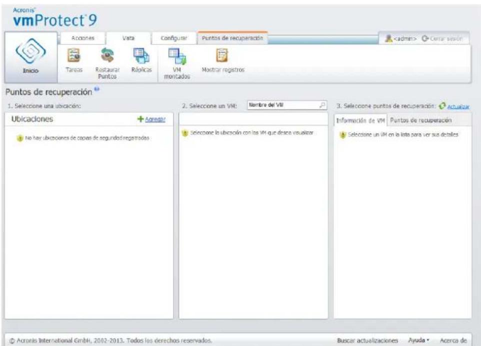 Acronis® vmProtect 9 Inicio Tareas Restaurar Puntos Róplicas VM montados Puntos de recuperación Cerar sesión Ações Vasta Configurar Puntos de recuperación 2. Seleccione un VM: Nombre del VII 3. Seleccione puntos de recuperación: Actualizar Ubicaciones + Agresar No hay ubicaciones de copias de seguidos registrados Seleccione la ubicación con los VM que desca visualizar Información de VM Puntos de recuperación Seleccione un VM en la lista para ver sus detalles © Acronis International GmbH, 2002-2013. Todos los derechos reservados. Buscar actualizaciones Ayuda Acerca de