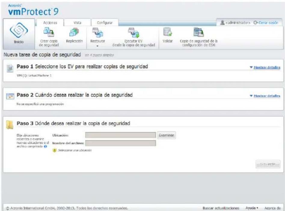 Acronis® vmProtect® 9 Inicio Actions Vista Configurar Cerrar sesión Crear copa de seguridad Replicación Restaurar Ejecutar EV desde la copa de seguridad Valdar Copa de seguridad de la configuración de ESXi Nueva tarea de copia de seguridad en 4 paces simples Paso 1 Seleccione los EV para realizar copies de seguridad Hostrar detalles VM (U): Virtual/Machine 1 Paso 2 Cuando desea realizar la copia de seguridad No se especifica una programación Paso 3 Dónde desea realizar la copia de seguridad Día ubicaciones recentes o examine nuevas ubicaciones o el archivo comprado Ublicación: Examinar Nombre del archivo: Seleccione una ubicación Suente © Acronis International GmbH, 2002-2013. Todos los derechos reservados. Bascar actualizaciones Ayuda ▼ Acerca de
