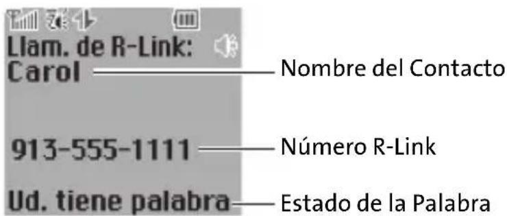 Llam. de R-Link: Carol Nombre del Contacto 913-555-1111 Número R-Link Ud. tiene palabra Estado de la Palabra