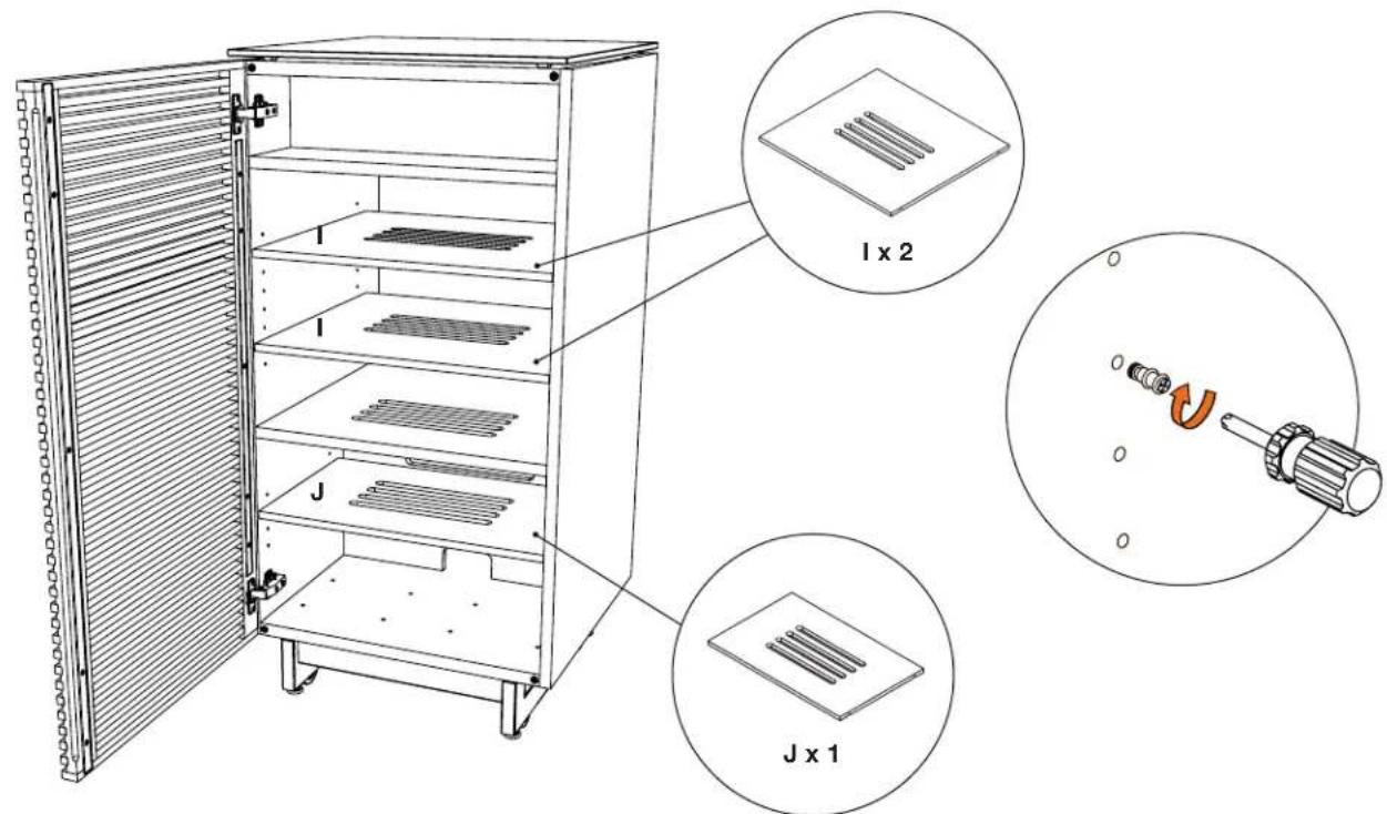 Technical diagram of a server rack with labeled components and exploded views showing assembly details
