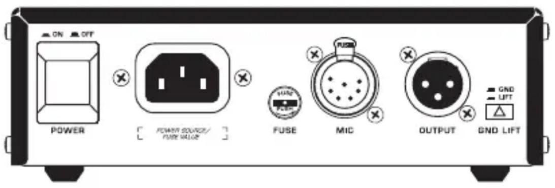 ON OFF POWER POWER SOURCE/ FUSE VALUE FUSE MIC OUTPUT GND LIFT GND LIFT
