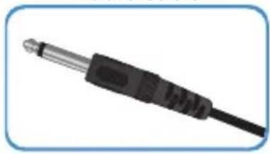 Close-up of a black audio jack with metallic leads (no text or symbols visible)