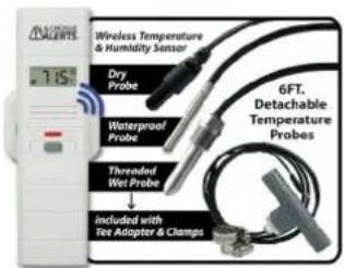 Wireless Temperature & Humidity Sensor Dry Probe 6FT. Detachable Temperature Probes Waterproof/ Probe Threaded Wet Probe Included with Tee Adapter & Clamps