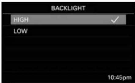 BACKLIGHT HIGH ✓ LOW 10:45pm