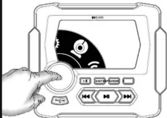 Diagram showing a hand interacting with a media player interface displaying a CD and playback controls.
