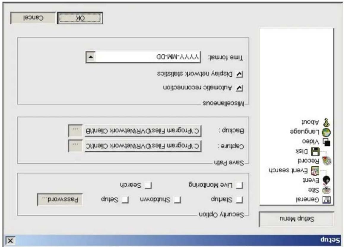 Setup Menu Startup Shutdown Setup Password... Live Monitoring Search Save Path Capture: Civpogram Files/VR Network Chentic Backup: Civpogram Files/VR Network Chentic Miscellaneous Automatic recognition Display network statistics Time format: YYY-MS-DD OK Cancel Setup