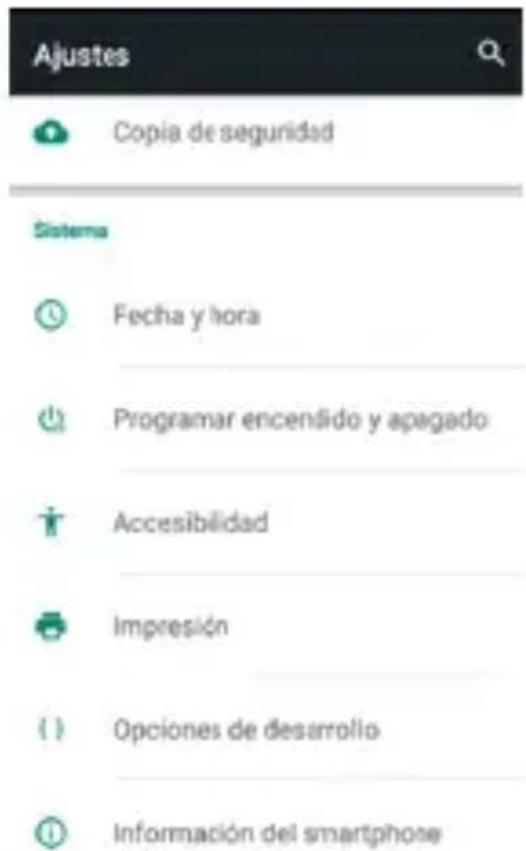 Ajustes Copia de seguridad Sistema Fecha y hora Programar encendido y apagado Accesibilidad Impresión Opciones de desarrollo Información del smartphone