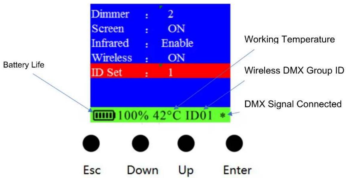Dimmer : 2 Screen : ON Infrared : Enable Wireless : ON ID Set : 1 Battery Life Working Temperature Wireless DMX Group ID DMX Signal Connected 100% 42°C ID01 * Esc Down Up Enter