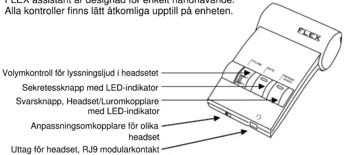 FLEX assistant är designad för enkelt handhavande. Alla kontroller finns lätt åtkomliga upptill på enheten. Volymkontroll för lyssningsljud i headsetet Sekretessknapp med LED-indikator Svarsknapp, Headset/Luromkopplare med LED-indikator Anpassningsomkopplare för olika headset Uttag för headset, RJ9 modularkontakt