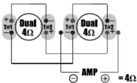 Dual 4Ω T#1 - + - T#2 + - T#1 - + - T#2 + - AMP = 4Ω