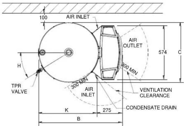 100 AIR INLET H TPR VALVE 300 MIN AIR INLET K B 275 AIR OUTLET 900 MIN 574 C VENTILATION CLEARANCE CONDENSATE DRAIN