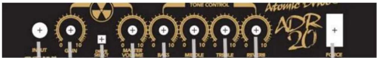 TONE CONTROL Atomic Drive ADP 20 + INPUT 0 GUN 10 DRIVE SPECT 0 10 MASTER VOLUME 0 10 IVRS 0 10 MIDDLE 0 10 TRIPLE 0 10 REVERSE 0 10 FORCE