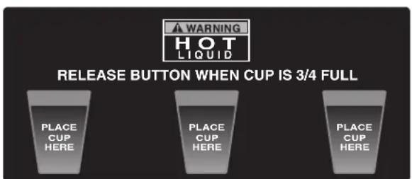 WARNING HOT LIQUID RELEASE BUTTON WHEN CUP IS 3/4 FULL PLACE CUP HERE PLACE CUP HERE PLACE CUP HERE