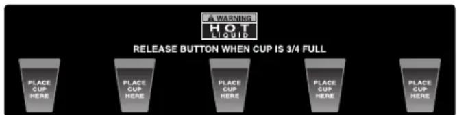 WARNING HOT LIQUID RELEASE BUTTON WHEN CUP IS 3/4 FULL PLACE CUP HERE PLACE CUP HERE PLACE CUP HERE PLACE CUP HERE PLACE CUP HERE