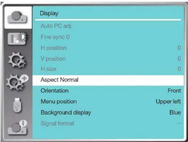 Display Auto PC adj. Fine sync 0 H position 0 V position 0 H.size 0 Aspect Normal Orientation Front Menu position Upper left Background display Blue Signal format ...