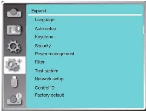 Expand Language Auto setup Keystone Security Power management Filter Test pattern Network setup Control ID Factory default