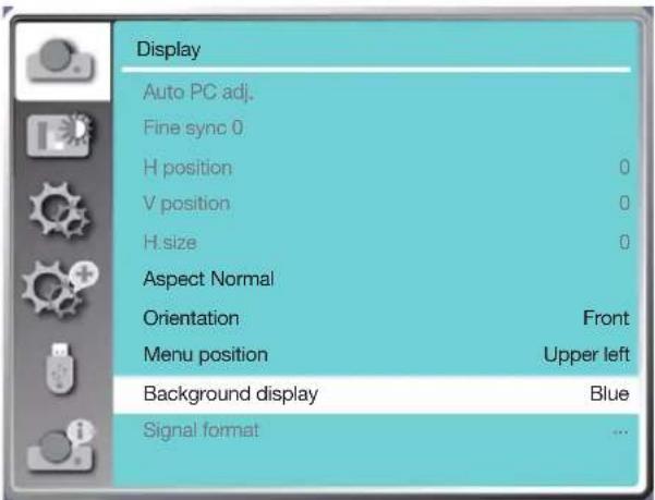 Display Auto PC adj. Fine sync 0 H position 0 V position 0 H size 0 Aspect Normal Orientation Front Menu position Upper left Background display Blue Signal format ...