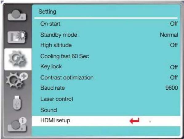 Setting On start Off Standby mode Normal High altitude Off Cooling fast 60 Sec Key lock Off Contrast optimization Off Baud rate 9600 Laser control Sound HDMI setup -