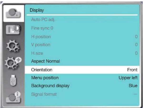 Display Auto PC adj. Fine sync 0 H position 0 V position 0 H size 0 Aspect Normal Orientation Front Menu position Upper left Background display Blue Signal format ...