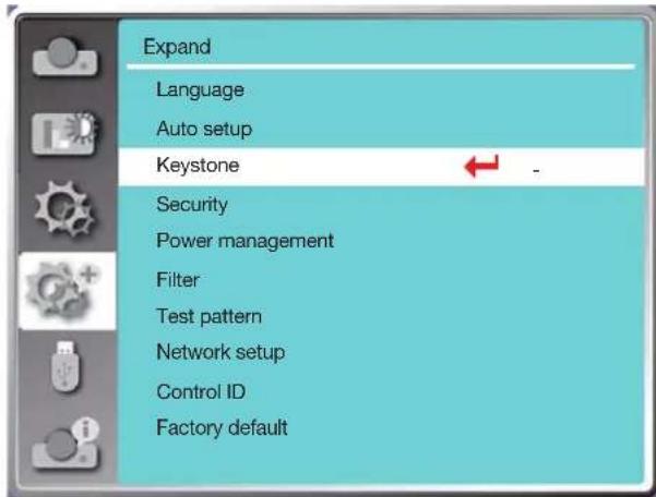 Expand Language Auto setup Keystone Security Power management Filter Test pattern Network setup Control ID Factory default