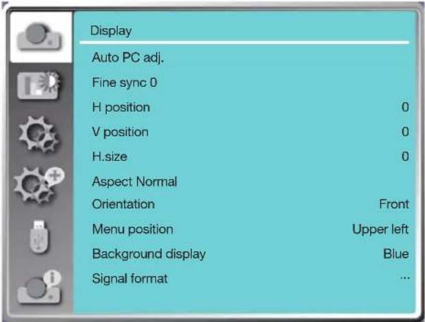Display Auto PC adj. Fine sync 0 H position 0 V position 0 H.size 0 Aspect Normal Orientation Front Menu position Upper left Background display Blue Signal format ...
