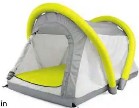 Exterior view of a portable camping tent with yellow and gray coloring (no text or symbols visible)