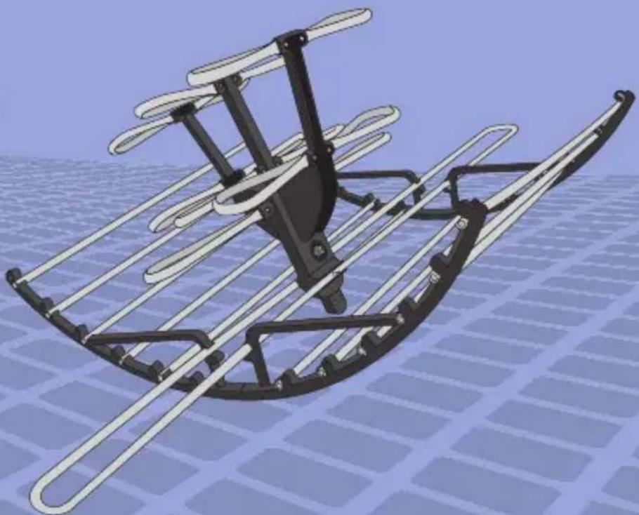 3D rendering of a curved mechanical device with articulated arms and rods, set against a grid background (no text or symbols)