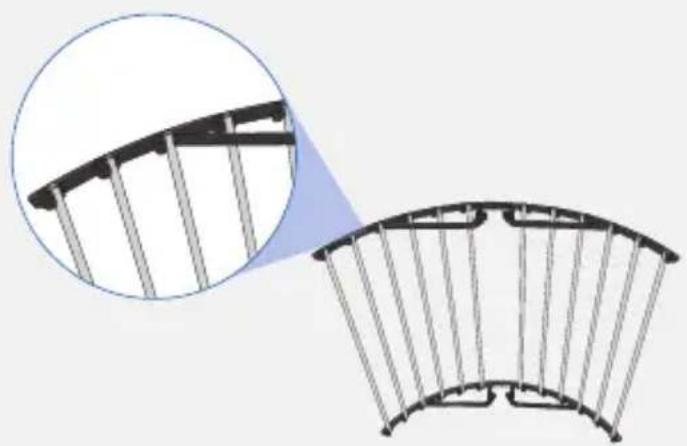 Technical illustration of a curved mechanical bracket with vertical rods, shown in two views: one close-up and one enlarged (no text or symbols)