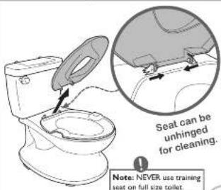 Seat can be unhinged for cleaning. Note: NEVER use training seat on full size toilet.