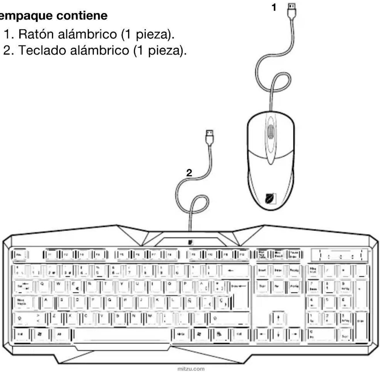 empaque contiene 1. Ratón alámbrico (1 pieza). 2. Teclado alámbrico (1 pieza).