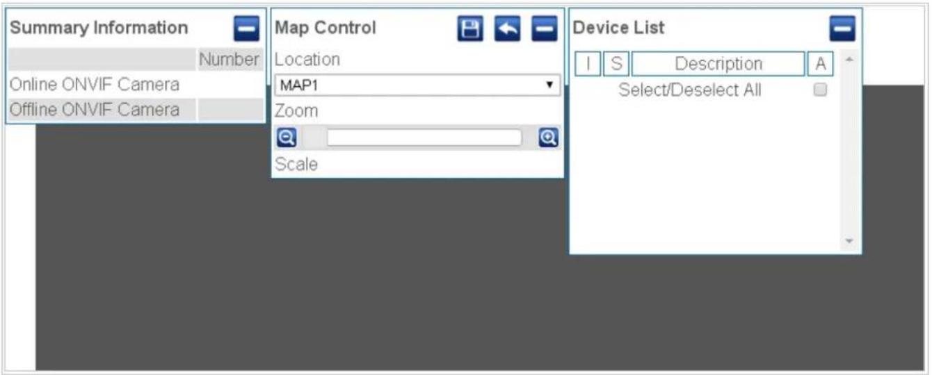 Summary Information Number Online ONVIF Camera Offline ONVIF Camera Map Control Location MAP1 Zoom Scale Device List I S Description A Select/Deselect All