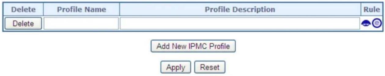 Delete Profile Name Profile Description Rule Delete Add New IPMC Profile Apply Reset