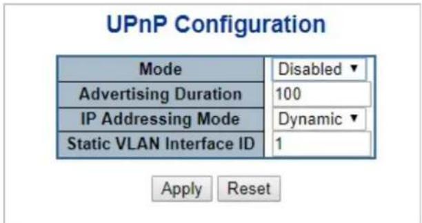 UPnP Configuration Mode Disabled ▼ Advertising Duration 100 IP Addressing Mode Dynamic ▼ Static VLAN Interface ID 1 Apply Reset