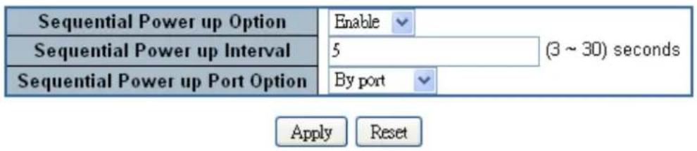 Sequential Power up Option Enable Sequential Power up Interval 5 (3 ~ 30) seconds Sequential Power up Port Option By port Apply Reset